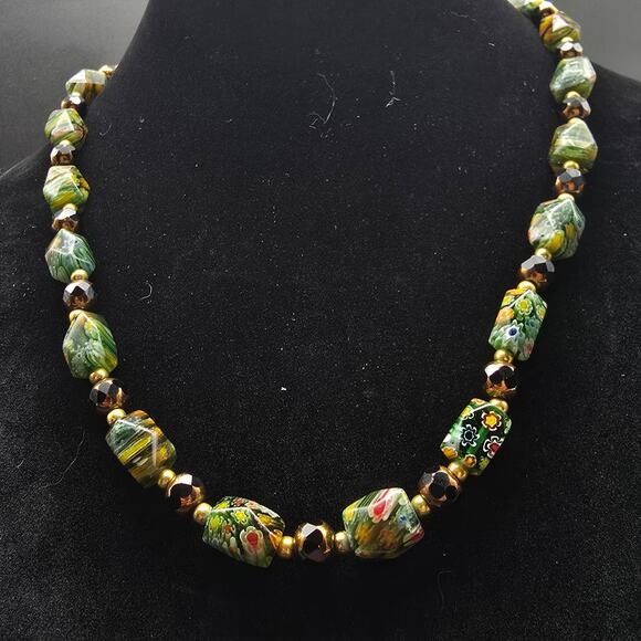 Vintage Teng Yue Green Millefiori Glass Beaded Necklace Floral - Picture 10 of 10